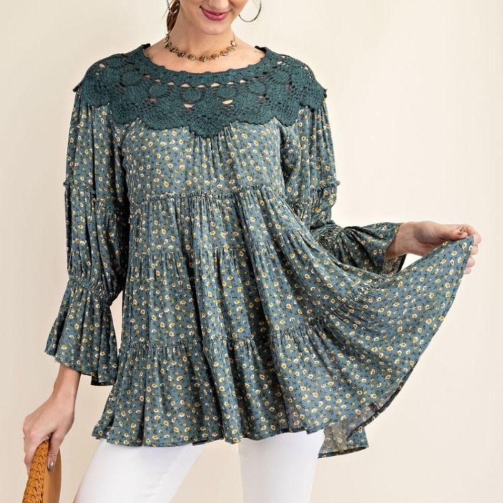 Easel Teal Floral Blouse with Crochet Detail